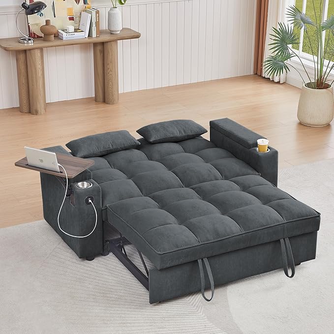 65'' 3-in-1 Folding Convertible Sofa Bed, Pullout Sofa, Modern Chenille Fabric, 360° Swivel Side Table, Easy Assembly, Perfect for Living Room, Grey
