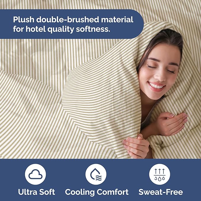Duvet Cover Full Size Set - Extra Soft Full Size Duvet Cover 80 x 90 with 2 Pillow Shams - Hotel Luxury Easy Care and Fade Free w/Zipper Closures & Ties - Comfy Breathable Bedding Set (Beige Stripes)