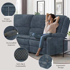 Manual Reclining Sectional Sofa Set, 5 Seats Soft Fabric Recliner Corner Sectional Couch, Family-Sized L-Shaped Recliner Couch with USB Charging, Thickened Padding, Sturdy Frame, Blue