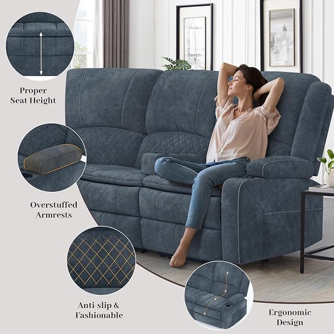Manual Reclining Sectional Sofa Set, 7 Seats Soft Fabric Recliner Corner Sectional Couch, Family-Sized L-Shaped Recliner Couch with USB Charging, Thickened Padding, Sturdy Frame, Blue