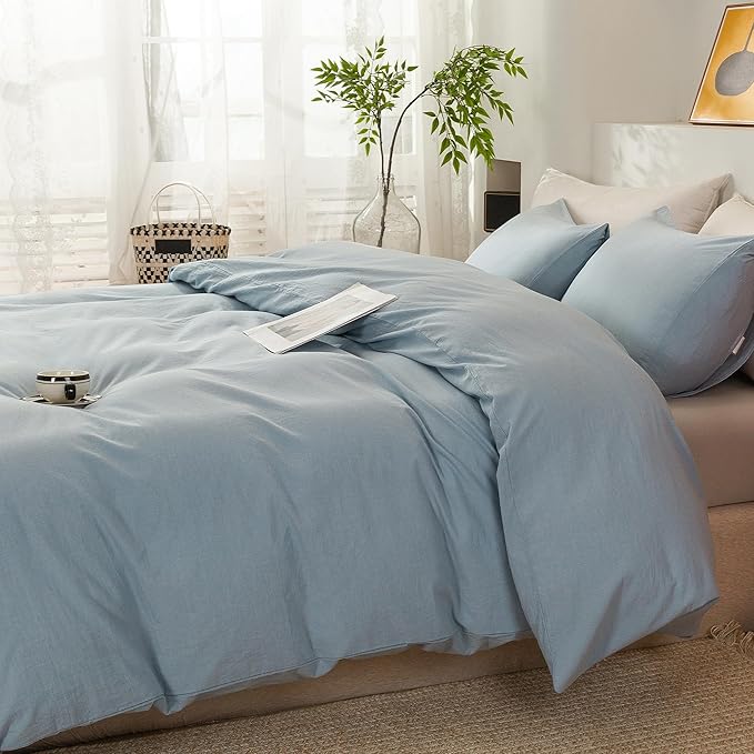 ECOCOTT Haze Blue Duvet Cover Queen Size, 3 Piece 100% Washed Cotton 1 Duvet Cover with Zipper and 2 Pillowcases, Ultra Soft and Easy Care Breathable Cozy Bedding Set (Haze Blue,Queen)