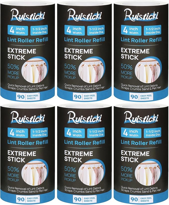 4 inch Extreme Stick Lint Roller Refills for Evercare PetLovers Value Pack of 6 Extra Sticky Pet Lint Roller Refills 90 Sheets per Roll - 540 Sheets Total (Inside Dia. 1 1/2 inch)