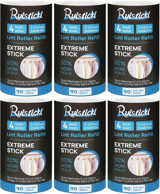 4 inch Extreme Stick Lint Roller Refills for Evercare PetLovers Value Pack of 6 Extra Sticky Pet Lint Roller Refills 90 Sheets per Roll - 540 Sheets Total (Inside Dia. 1 1/2 inch)