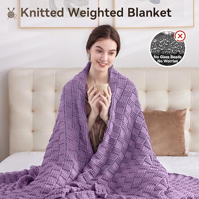 Knitted Weighted Blanket Adult, No Beads Heavy Blanket 70” x 90'' 20lbs, Breathable Chunky Knit Blanket, Cooling Weighted Blanket for Hot Sleepers, Christmas Home Decor (Lilac)