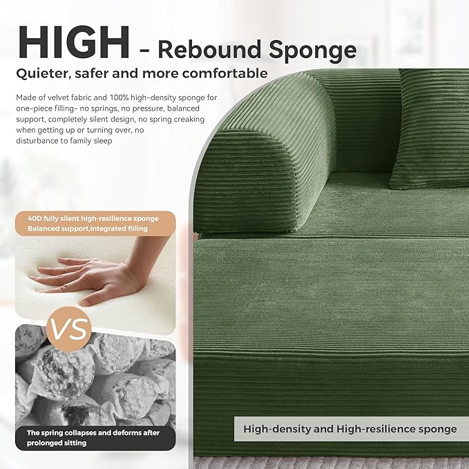 Upgrade High Backrest Design Sofa Bed with Fixed-Shape Frame & Removable Armrests and Backrest, Corduroy Fabric, Convertible Couch for Small Spaces - No Assembly Neede (High Backrest Olive Green)