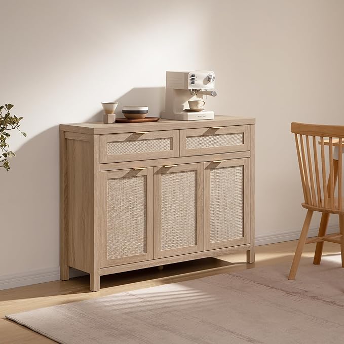 SICOTAS Rattan Sideboard Buffet Cabinet with Storage, Boho Credenza Accent Cabinet with 3 Doors and 2 Drawers, Farmhouse Console Coffee Bar for Kitchen Living Room Entryway, Light Oak, 2 PCS
