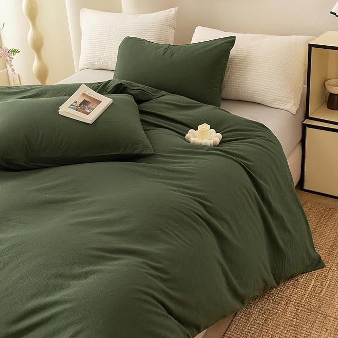ECOCOTT 3 Pieces Duvet Cover Set Twin Size 100% Washed Cotton 1 Duvet Cover with Zipper and 2 Pillowcases, Ultra Soft and Easy Care Breathable Cozy Simple Style Bedding Set (Avocado Green)