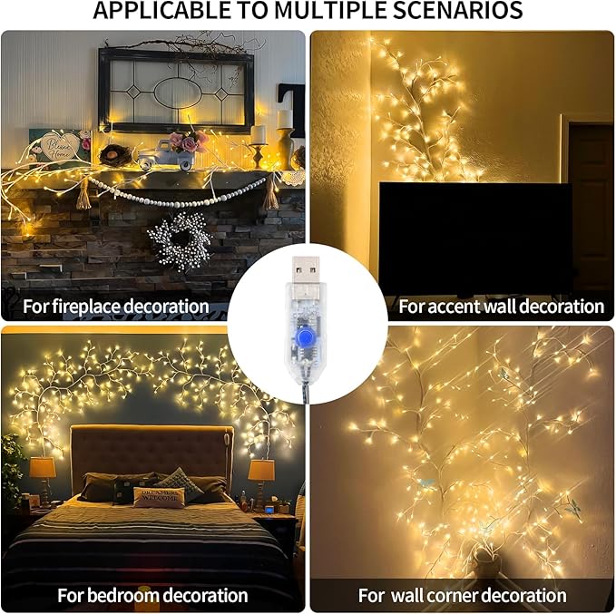 Enchanted Willow Vine Lights, 7.55FT 144LED 1 PCS White Tree Branch Lights for Wall, Remote Timer,8 Light Model,Bedroom Wall Doors Wedding, Christmas, USB Battery Box