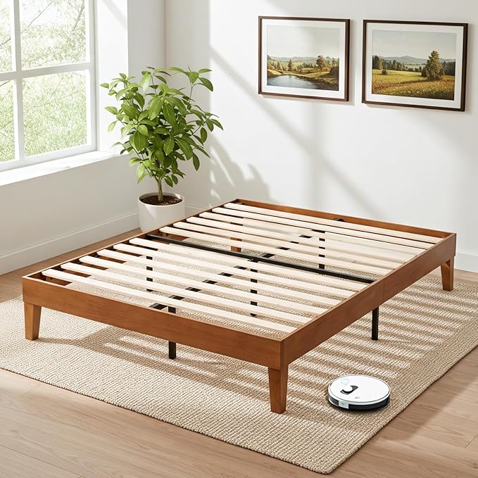 Sweetcrispy Solid Wood Bed Frame, Queen Size Bed Base with Wood Slat Support, Sturdy, Stylish & Noise-Free Design, No Box Spring Needed, Easy Assembly, Dark Brown