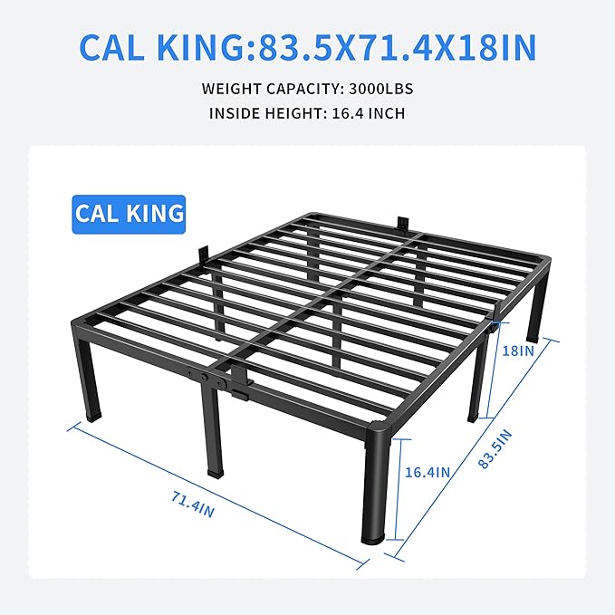 MAF 18 Inch California King Bed Frame with Round Corner Legs Mattress Slide Stopper No Box Spring Needed Heavy Duty Metal Platform Bed Frames, 3000 LBS Steel Slats Support