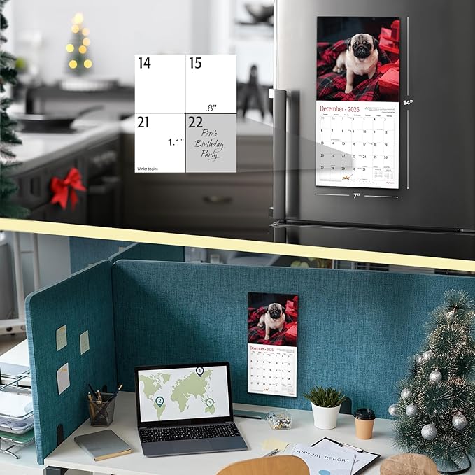 RED EMBER Pug Puppies 2026 Mini Wall Calendar 12 Month | 7" x 14" Open | Thick & Sturdy Paper | Holiday Gift | Cute Puppy Dog Calendar 2026