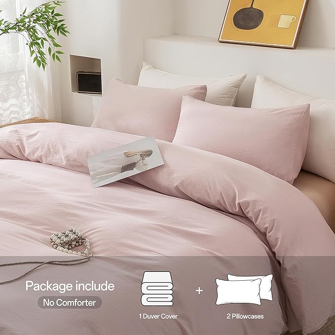 ECOCOTT Duvet Cover Set, 100% Washed Cotton Linen-Like Soft & Breathable, Durable Comfy Bedding Set for All Seasons Full Size (Greyish Pink)