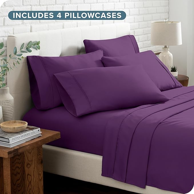 Bare Home Hotel Luxury Queen Sheet Set, Extra Soft - 6 Piece Set - Deep Pockets - Easy Fit - Cooling & Breathable - Wrinkle, Fade, Stain Resistant - Includes 4 Pillowcases (Queen, Plum)