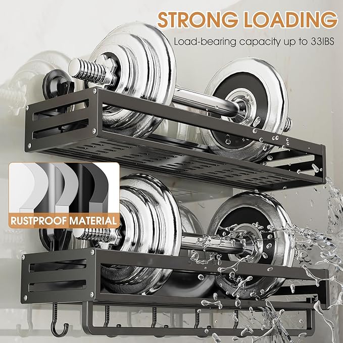 Shower Caddy Suction Cup,15.7 inch Suction Shower Shelf with Hooks NO-Drilling Bathroom Holder, Rustproof Bathroom Organizer, Dark Grey