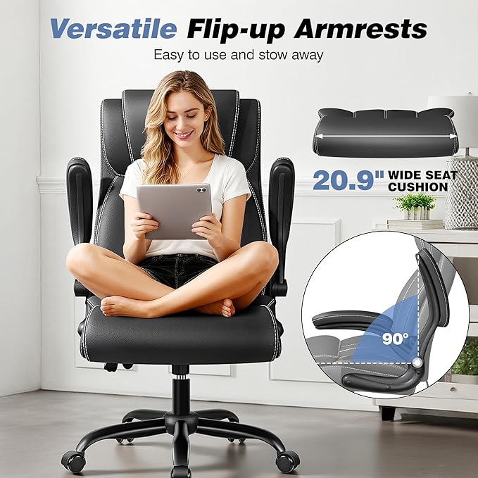 Ergonomic Office Chair - Desk Computer Chair, Leather High Back Executive Chairs with Adjustable Lumbar Support & Flip Up Arms, Rocking, Black
