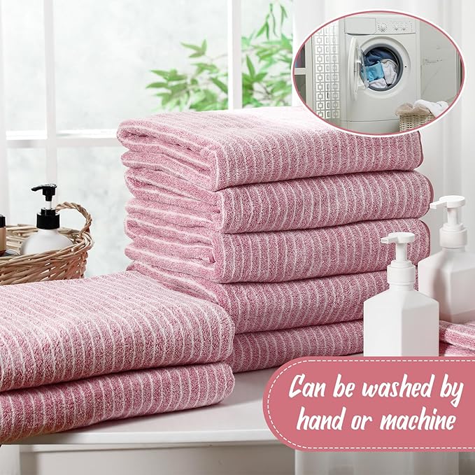 16 Pack Microfiber Bath Towels Bulk 27'' x 60'' Oversized Size Bath Towel Highly Absorbent Extra Large Soft Drying for Shower Beach Winter Salon Sport Gym Party (Pinstripe,Pink)
