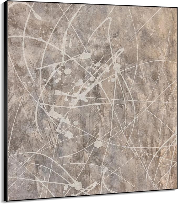 36"x36" Large Framed Wall Art - Splatter Beige and Gray Graffiti Style (Frame Assembly Required)