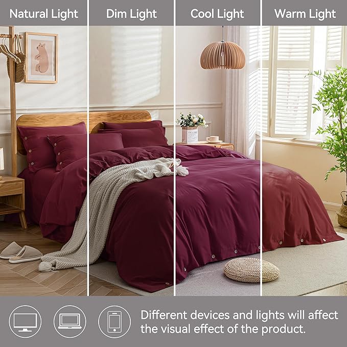 JELLYMONI Cotton Duvet Cover Twin Size - Burgundy Comforter Cover with Button 100% Washed Cotton 2PCS Breathable Soft Solid Bedding Set Duvet Cover 68×90in & 1 Pillowcase (NO Comforter)