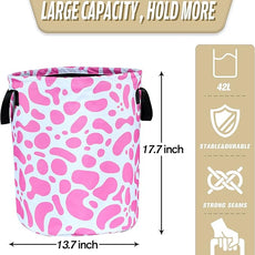 Pink Cow Print Laundry Basket Animal Foldable Oxford Cloth Funny Tote Bag Laundry Hamper Clothes Storage Bucket Organizer For Bathroom/Laundry Storage/Bedroom Storage Basket 17.7x13.7Inch