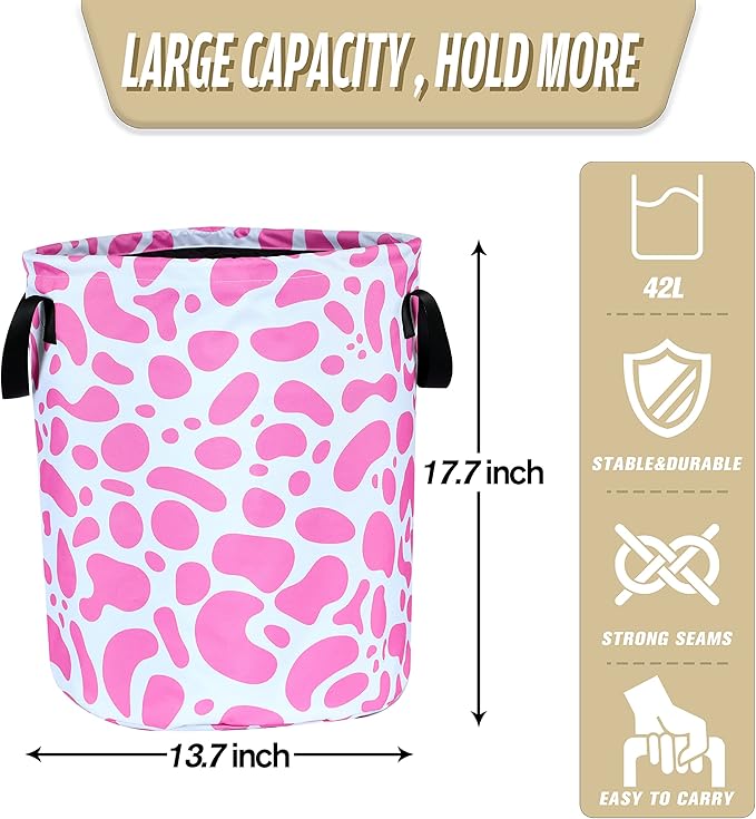 Pink Cow Print Laundry Basket Animal Foldable Oxford Cloth Funny Tote Bag Laundry Hamper Clothes Storage Bucket Organizer For Bathroom/Laundry Storage/Bedroom Storage Basket 17.7x13.7Inch