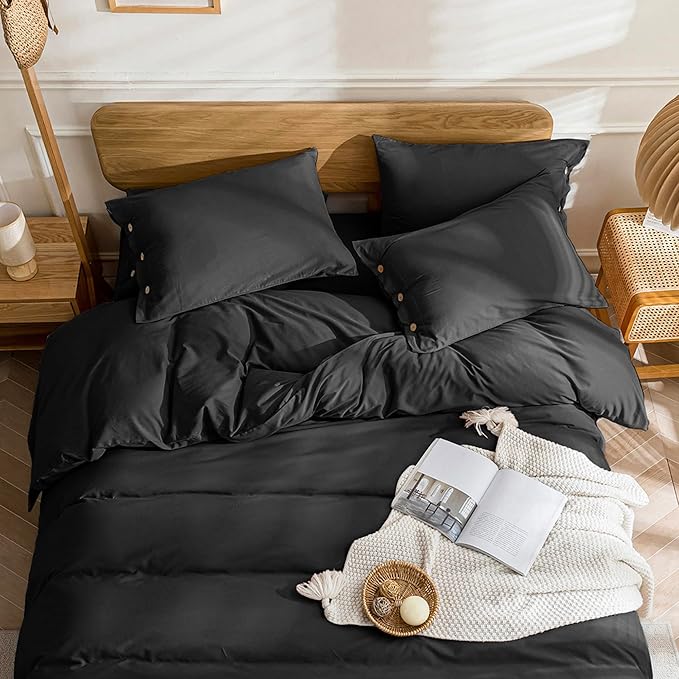 JELLYMONI Cotton Duvet Cover King Size - Pure Black Comforter Cover with Button 100% Washed Cotton 3PCS Breathable Soft Solid Bedding Set Duvet Cover 104×90in & 2 Pillowcases (NO Comforter)
