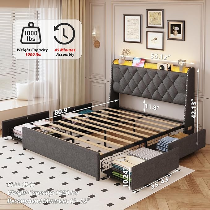 Full Size Bed Frame with 4 Drawers and Storage Headboard, Upholstered Button Linen Platform Full Bed with Led Lights and Handy Charging Station, No Box Spring Needed, Easy Assembly, Noise Free, Grey