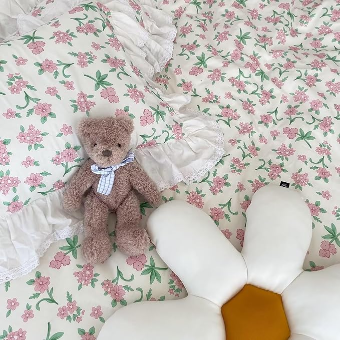 MKXI Fresh Green Floral & Leaf Comforter King Size - 3 Piece Pastoral Style Comforter Set with White Lace Ruffle Edge Soft Aesthetic Floral Bedding Set with 2 Pillow Shams for Teen Girls