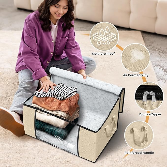 Fab totes 4 Pack Clothes Storage, Foldable Thick Fabric Blanket Storage Bags, Containers for Organizing Bedroom, Closet, Clothing, Comforter, Organization with Handle,Beige