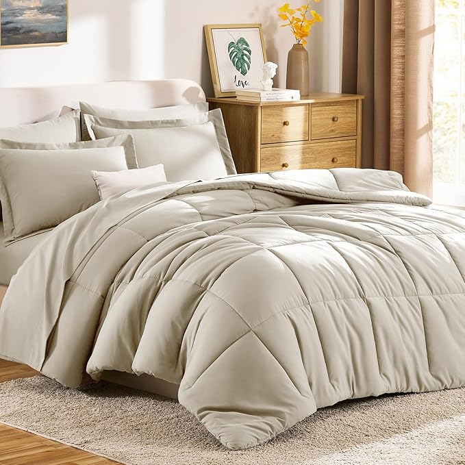 CozyLux Queen Comforter Set Oatmeal - 7 Pieces Bed in a Bag Queen, All Season Breathable Bedding Sets, Oeko-Tex Certified Bed Set with Down Alternative Comforter, Sheets, Pillowcases & Pillow Shams