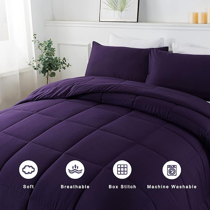 DOWNCOOL Full Size Purple Bedding Comforter Set - All Season Down Alternative Quilted Comforter with 2 Pillowcases - 3 Pieces Set