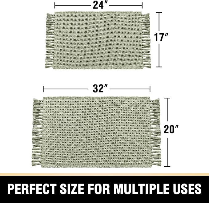 H.VERSAILTEX Waffle Bath Mat Super Absorbent Boho Bath Mat Non Slip Bath Rugs for Bathroom Floor Machine Washable Dry Fast Bathroom Rugs with Tassels (20 x 32 Plus 17 x 24 Inches, Sage)