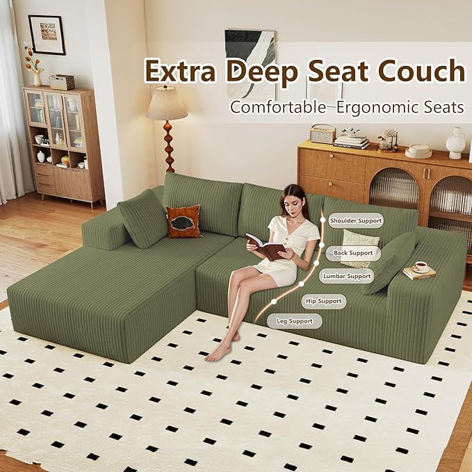 96" Modular Sectional Couch, Boneless L Shaped Cloud Sofa with Chaise Lounge, Corduroy Upholstered Couches Memory Foam Deep Seat, No Assembly Required, Ideal for Living Room(Green, Left Facing)