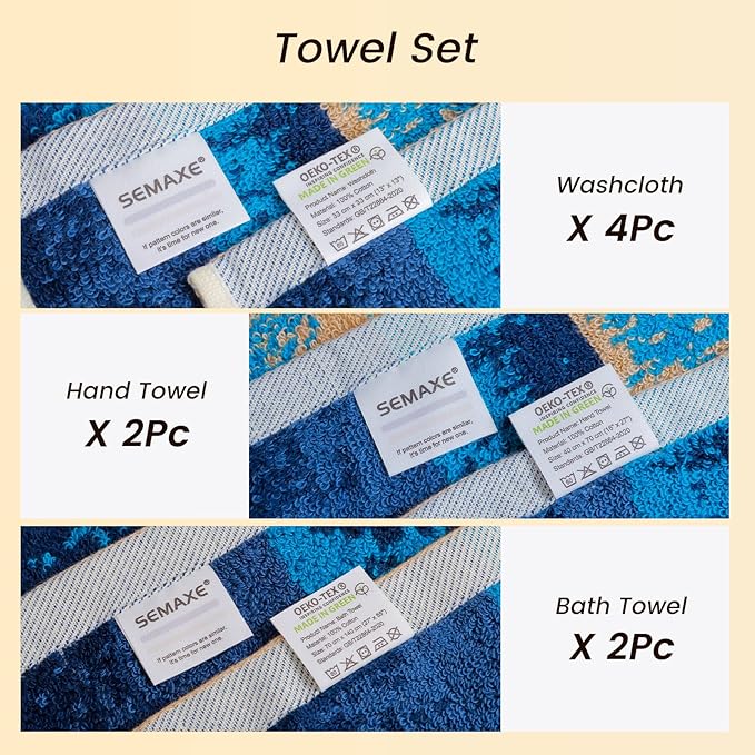 SEMAXE Colorful Bath Towel Set, 100% Cotton Bathroom Towels with Hanging Loops, Soft & Absorbent, 8 Piece Towel Set Include 2 Bath Towels, 2 Hand Towels, 4 Washcloths, Yellow | Brown | Blue
