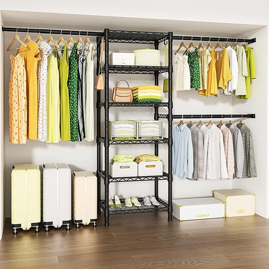 Ulif M5 Wall Mounted Clothes Garment Rack, Heavy Duty Closet Storage and Organizer System with 6 Shelves and 3 Expandable Hanger Rods, Space Saver Suit (46.2-102.4)" W x 14" D x 83.1" H, Black