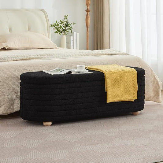 53" Storage Bench Teddy Ottoman Bench Upholstered Fabric Bench End of Bed Stool with Safety Hinge for Bedroom, Living Room, Entryway, Black
