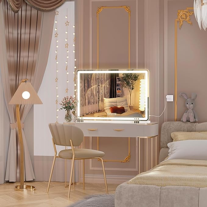 Hasipu Vanity Mirror with Lights and Bluetooth Speaker, 47.2" x 29.5" LED Makeup Mirror, Lighted Makeup Mirror with Dimmable 3 Modes, Touch Screen Control Vanity Mirror Round White