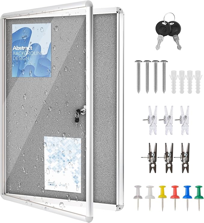 36"x24" Enclosed Bulletin Board Tamper-Proof Dispaly Case,Grey Fabric&Aluminium Frame,Shatter Resistant Lockable Bulletin Board with Clear Acrylic Door for School,Office,Mall,Community,Hospital,Church