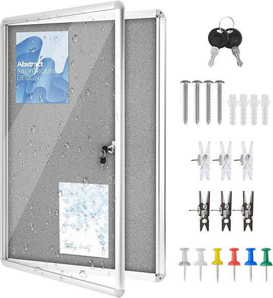 36"x24" Enclosed Bulletin Board Tamper-Proof Dispaly Case,Grey Fabric&Aluminium Frame,Shatter Resistant Lockable Bulletin Board with Clear Acrylic Door for School,Office,Mall,Community,Hospital,Church