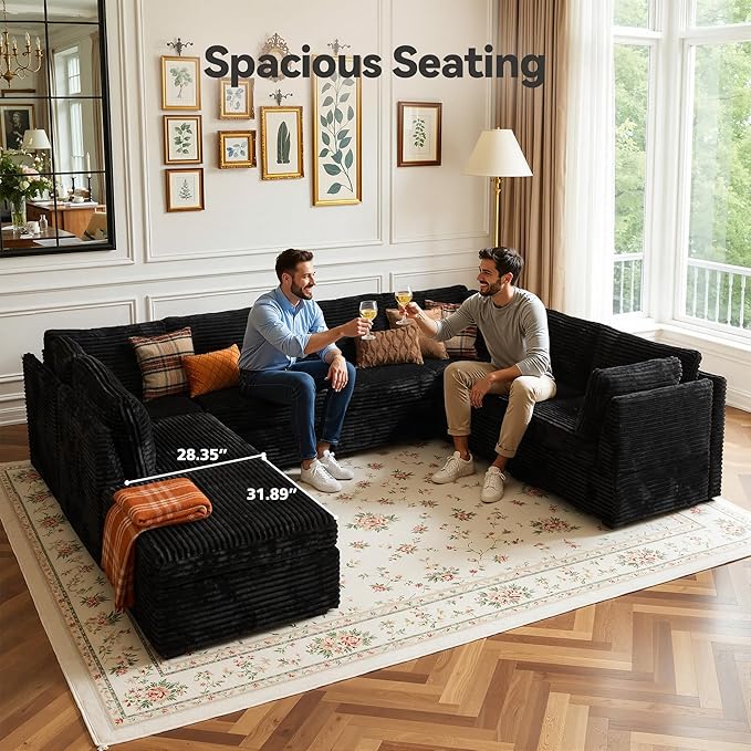 Large 8 Seat Modular Sectional Sofa with Ottoman Seat Corduroy Sleeper Sectional Sofa Bed Oversized Convertible Modular Couch for Living Room