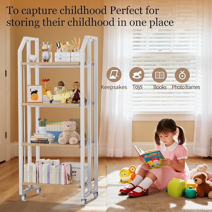 No Assembly Double-Sided Folding Bookshelf for Living Room, 4 Tier Collapsible Book Shelf for Home Office, Portable Bookcase Storage Organizer