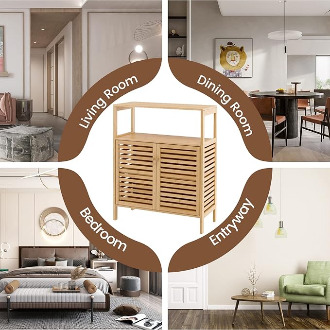 COSTWAY Bamboo Bathroom Cabinet, Freestanding Storage Cabinet Organizer with Louver Doors & Removable Shelf, Bathroom Floor Cabinet for Living Room, Kitchen, Entryway, Natural