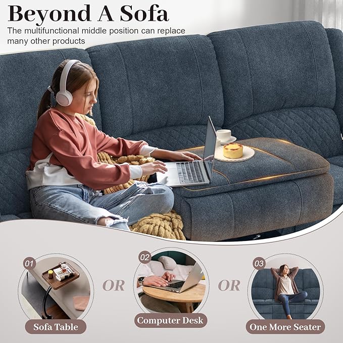 3-Seater Recliner Sofa, Manual Reclining Couch with Multi-Functional Middle Seat, Reclining Sofa for Living Room with Hidden Storage Space, Cup Holders, and Removable Console