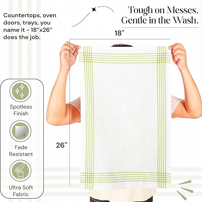 Lemon Green and White Waffle Kitchen Towels 12 Pack, 100% Cotton, 16x26 Inch, Super Absorbent, Reusable Fast Drying Dish Towels for Cleaning, Washing, Drying Dishes, Kitchen