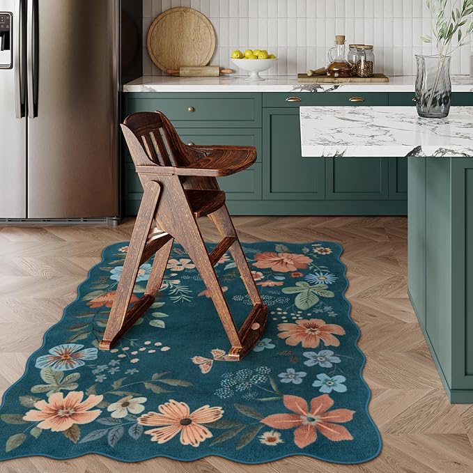 Lahome Floral Machine Washable Rug, 3x5 Rug Non Slip Soft Bedroom Rugs for Entryway Dorm, Ultra-Thin Boho Rugs for Living Room Stain Resistan Throw Carpet for Nursery Entrance, Navy Blue