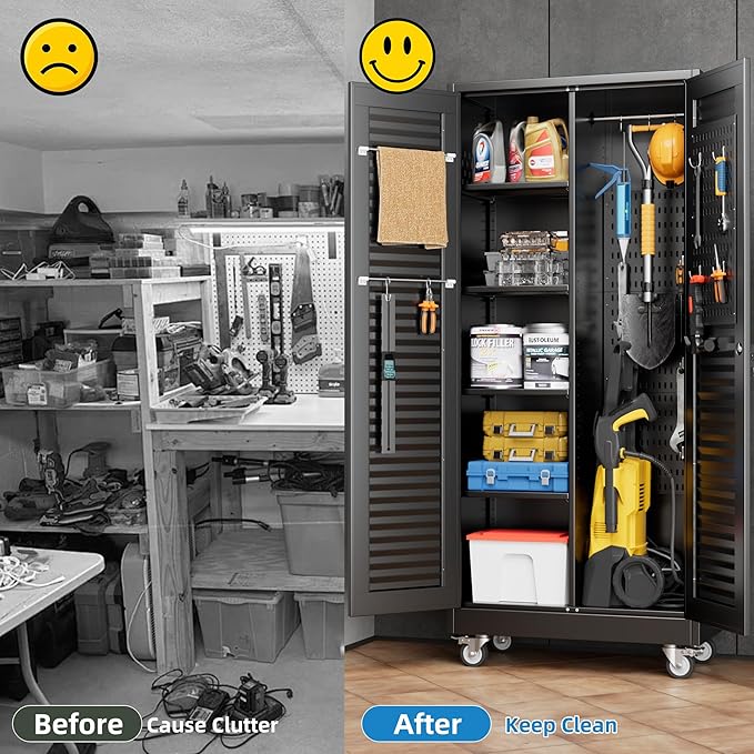 SUXXAN Broom Closet with Wheels 71"x 31.5"x15.75", Metal Cleaning Cabinets with Louvered Doors Hooks and Hanging Rods, Lockable Cabinet with Pegboard, Adjustable Shelf,for Garage, Laundry Room