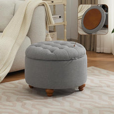 24Inch Round Storage Ottoman with Tray, Modern Tufted Fabric Circle Coffee Table with Storage, Upholstered Ottoman with Removable Top for Living Room, Bedroom, Light Grey