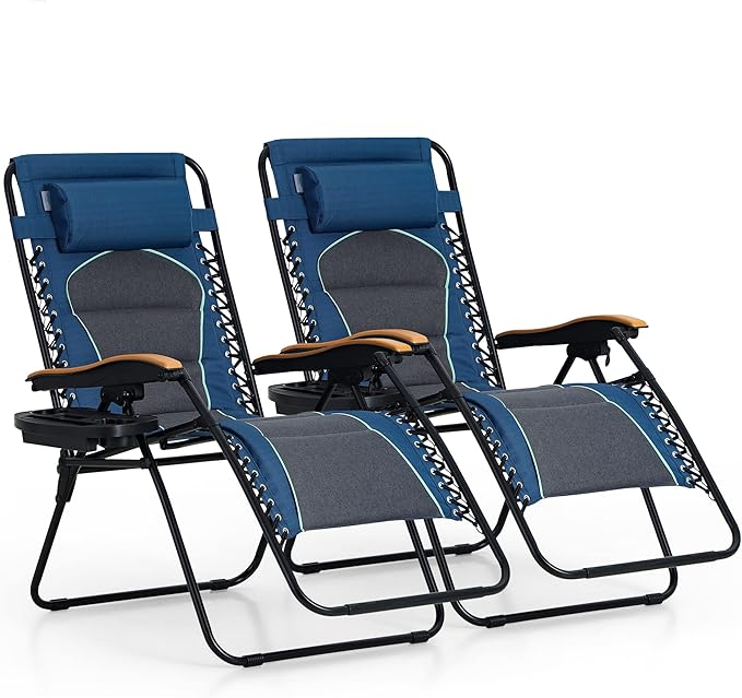 PHI VILLA XXL Oversized Padded Zero Gravity Chair Set of 2, Foldable Patio Recliner, 30" Wide Seat Anti Gravity Lounger with Armrest and Cup Holder, Support 400 LBS (Blue Accents)