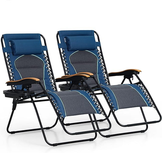 PHI VILLA XXL Oversized Padded Zero Gravity Chair Set of 2, Foldable Patio Recliner, 30" Wide Seat Anti Gravity Lounger with Armrest and Cup Holder, Support 400 LBS (Blue Accents)