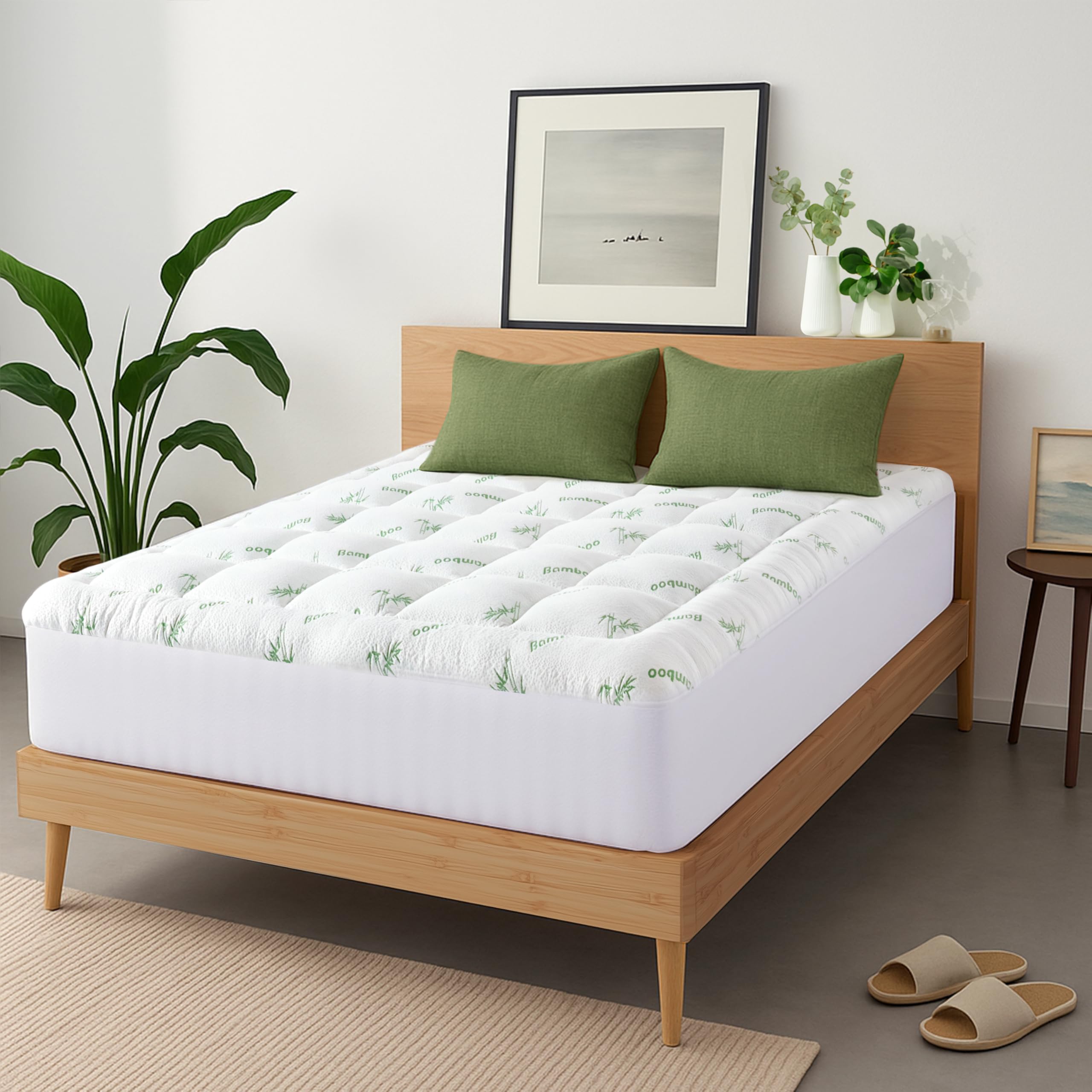 Ultra Soft Queen Size Mattress Topper - Viscose Made from Bamboo Pillow Top Mattress Pad for Back Pain Relief - Naturally Cooling for Hot Sleepers, Green