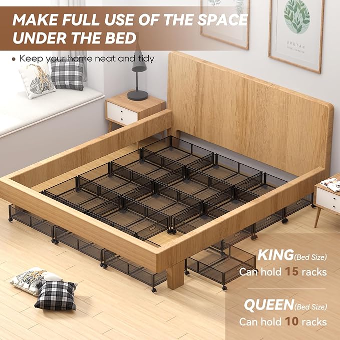 PHINOX Under Bed Storage with wheels, Under the Bed Storage Containers,Upgrade Crossed Iron Wire, Metal Rolling Underbed Storage Containers for Bedroom Clothes Shoes Blankets-2 Pack,Black